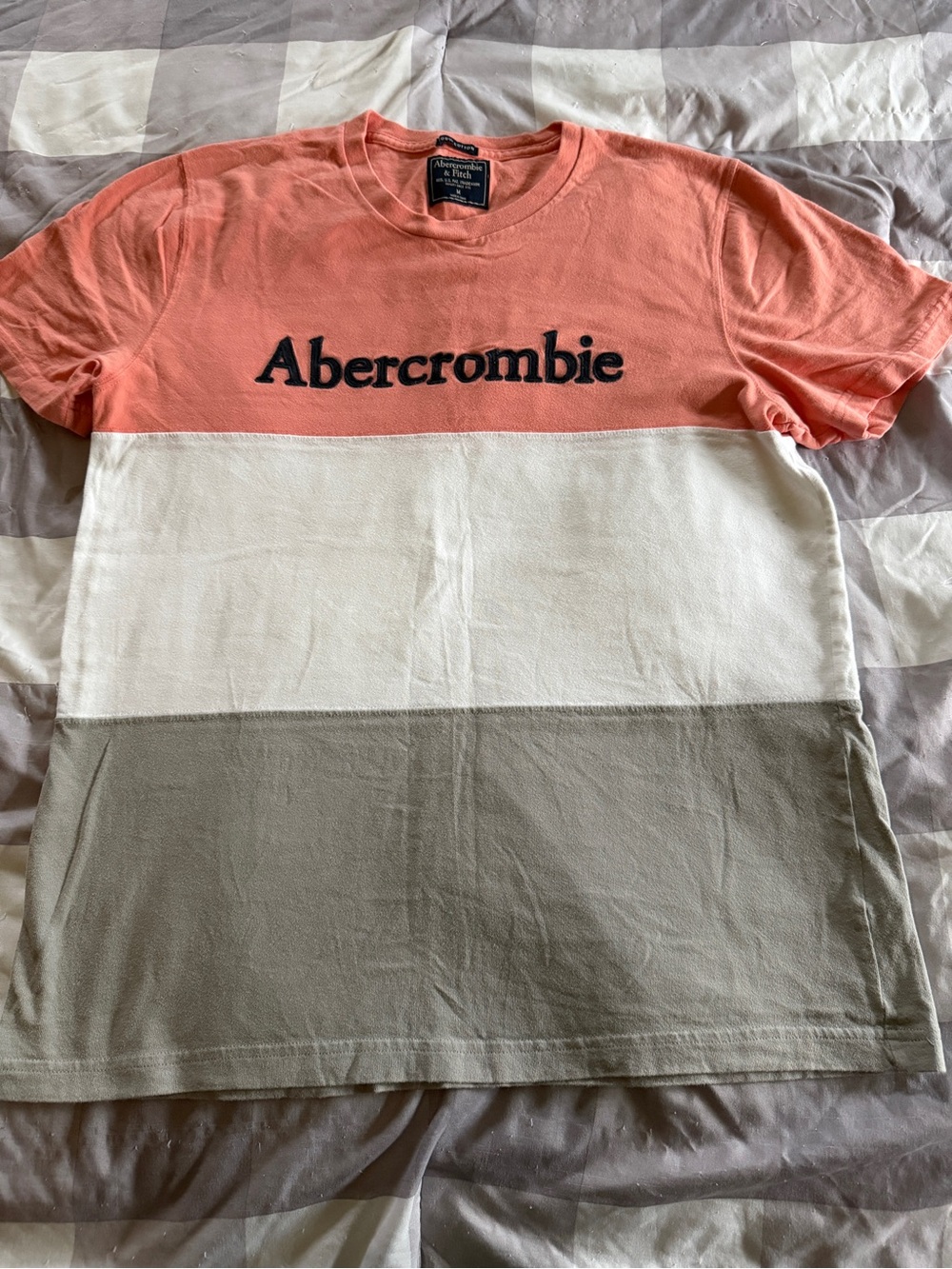 Abercrombie & Fitch Coral, White & Taupe Colorblock Crew Tee
